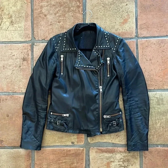 Studded Vintage Distressed Black Leather Jacket Women's Small - Picture 1 of 14